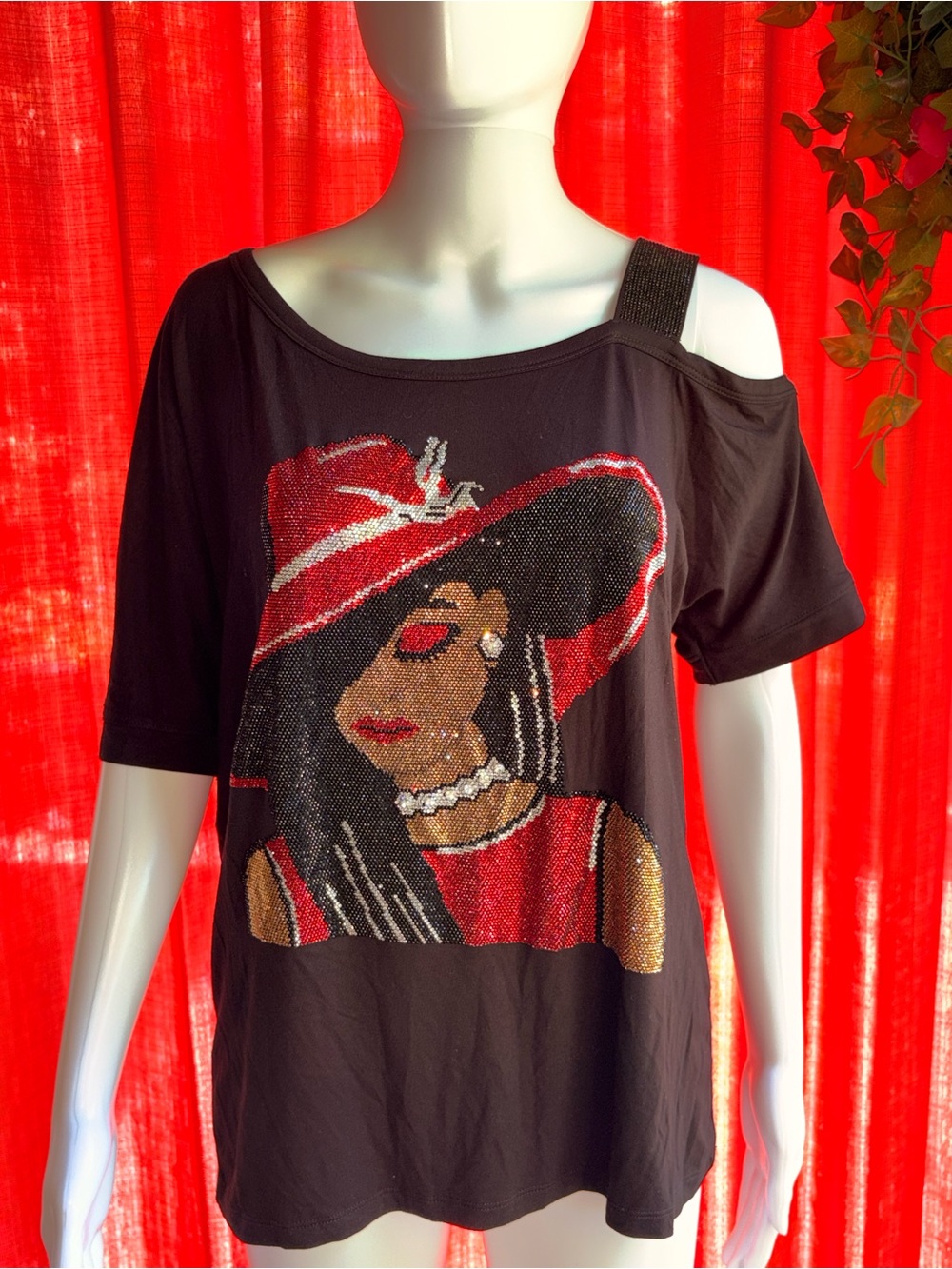 Black Sequin Graphic Cold-Shoulder Tank Top with Red Accents
